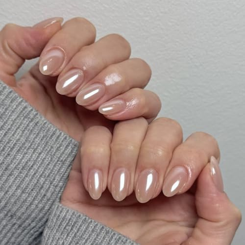 Viugex 30Pcs Français Faux Ongles Autocollants, Court Amande Naturel Élégant Press on Nails, Nude Pleine Couverture Faux Ongles à Coller, Soft Gel Ongles Acryliques pour Femmes Manucure Décoration