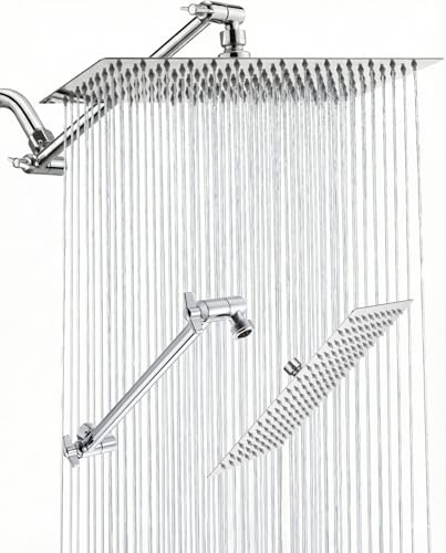 All Metal Rain Fixed Shower Head, 12 * 8'' High Pressure Rainfall Rectangle Showerhead with 11 Shower Head Extension Arm, Waterfall fixed Showerheads, Chrome