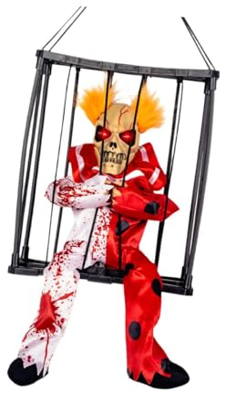 Hanging Clown Prop Halloween Skeleton Cage Prison Figure with Talking Horror Effect And Glowing Eyes for House Party Garden Decoration Photo, Red White
