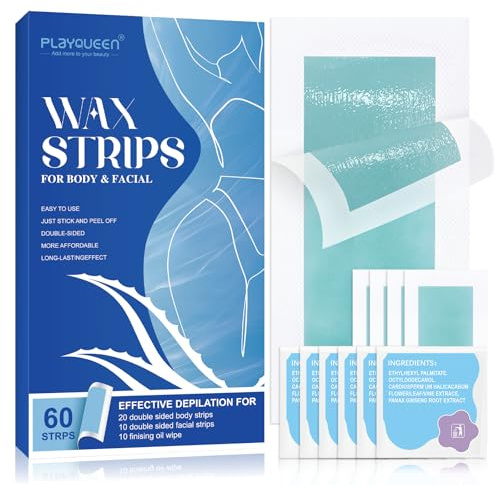 Wax Strips Hair Removal Kit – 60 Wax Strips + 10 Calming Oil Wipes, No Heating Required, Gentle & Effective for Face, Legs, Arms & Underarms, For Sensitive Skin