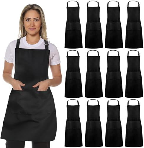 EOGRFW 12 Stück Kochschürze, Küchenschürze, Schwarz, Unisex, 66,5 × 84 Cm | Verstellbare Schürze Mit 2 Taschen, Wasserdichte Schürze für Küche Restaurant Café