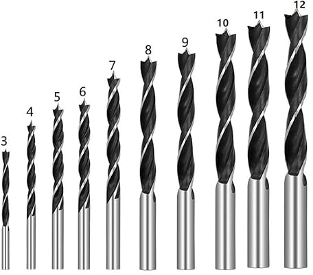Lot de 10 forets hélicoïdaux en acier à haute teneur en carbone pour le travail du bois, 3 à 12 mm de diamètre, tige ronde, pour perceuses électriques et perceuses d'établi