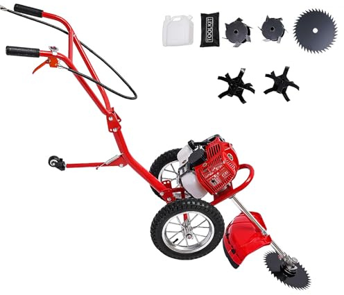 HUOMMGS 2-i-1 motorsense bensin och trädgårdssfräs bensin med ogräskniv och lösskniv 49 CC 1 500 W grästrimmer 2-takts luftkylningsmotor hand motorhacka med handdragstart handgräsklippare