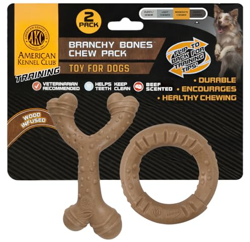 American Kennel Club 2 Pack Training Dog Chew Toy, Wood-Infused PP Wishbone and Ring Dog Toys, Durable Dog Toys for Moderate Chewers, Beef Scented for Long-Lasting Engagement, Supports Dental Health