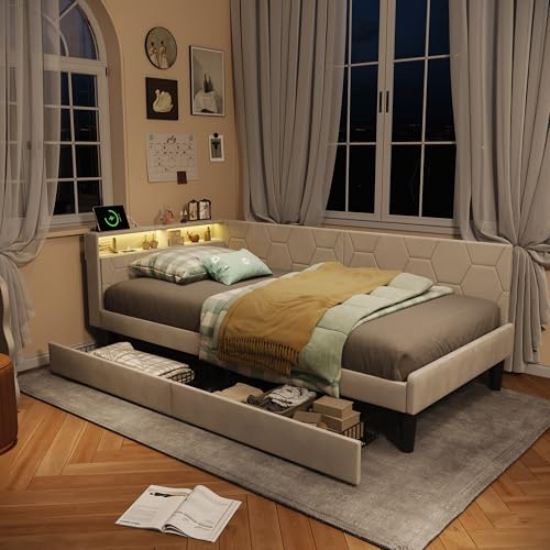 KRYZOR Polsterbett Tagesbett 90x200 cm mit LED-Beleuchtung und USB-Ladestation, Jugendbett Schlafsofa mit 2 Schubladen, Gästebett Klappbar Sofa Bettgestell mit Lattenrost, Samt, Beige, Ohne Matratze