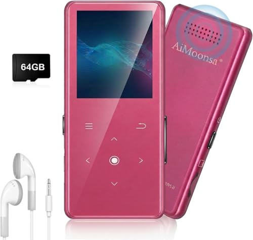 64GB MP3 Player with Bluetooth 5.2, AiMoonsa Music Player with Built-in HD Speaker, FM Radio, Voice Recorder, HiFi Sound, E-Book Function, Earphones Included，Rose Red