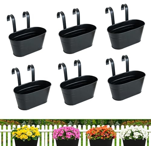 Bssowe 6 stycken hängande blomkrukor i metall, 28 cm balkonglåda, hängande blomkruka med avtagbara krokar, perfekt för balkonger, balustrader, trädgårdar och väggar (svart)