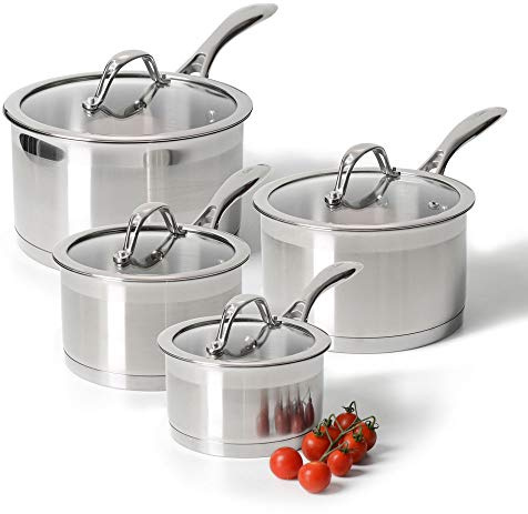 ProCook Professional Stainless Steel Saucepan Set with Glass Lids - 4 Piece, 14/16/18/20 cm, 1.2/1.9/2.6/3.6 L - Uncoated Induction Compatible Pans, Dishwasher & Oven Safe Cookware - 25 Year Guarantee