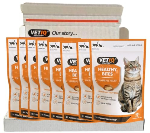 VETIQ Healthy Bites Hairball Relief Treats For Cats & Kittens 12+ Weeks, Tasty Supplements to Help Prevent & Remove Hairballs, 65 g (Pack of 8) | High Protein, Prebiotic Fibre, Omega 3 & 6. Removes & Prevents Hairballs. No Artificial Flavours