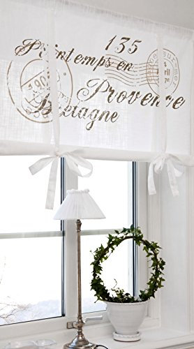 Scheibengardine Raff Gardine Raffrollo Vorhang 'Bretagne' 120 x 100 cm (BxH) weiß mit Stempel Aufdruck in beige sand Baumwolle Landhaus Shabby French Vintage Retro Antik Nostalgie