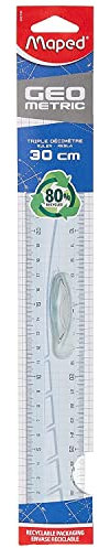 MAPED règle plate Triple décimètre Geometric en plastique transparent 30 cm à poignée