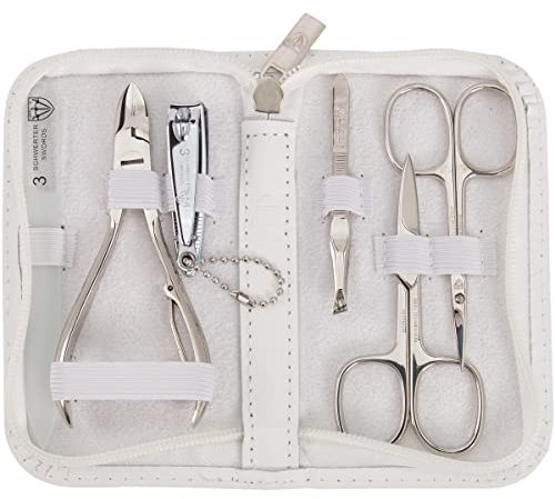 DREI SCHWERTER - 6-tlg. Nagelset 'Verona' | Umfassendes Maniküre- und Pediküre-Set in weißem Echtleder-Etui | Inhalt: Nagelschere, Hautschere, Nagelknipser, Glasnagelfeile, Pinzette, Nagelzange