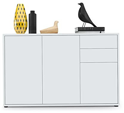 Vladon Sideboard Ben V3, Kommode mit 3 Türen und 2 Schubladen, Weiß matt/Weiß matt (117 x 74 x 36 cm)