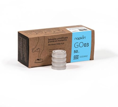 Paquete de 50 toallitas húmedas portátiles listas para usar NAPKIN GO 03 en cápsulas desechables con fragancia Oceano, biodegradables, hipoalergénicas, aptas para piel sensible.