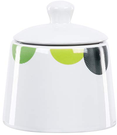 Van Well | Zuckerdose Rondo mit Deckel | 250-300 ml | runder Zucker-Spender | abstraktes Design | Retro-Kreise grün-gelb | edles Porzellan-Geschirr