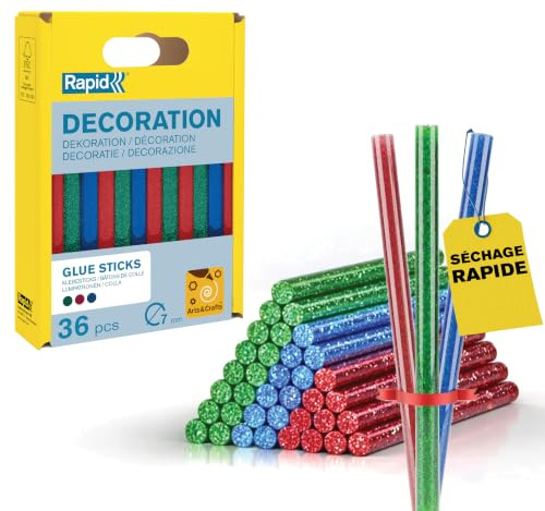 Rapid 5001424 Heißklebesticks Glitzer – Rot, Grün,Blau - 36 Klebesticks 90mm Länge, zum Basteln und Dekorieren, für Klebepistole 7mm