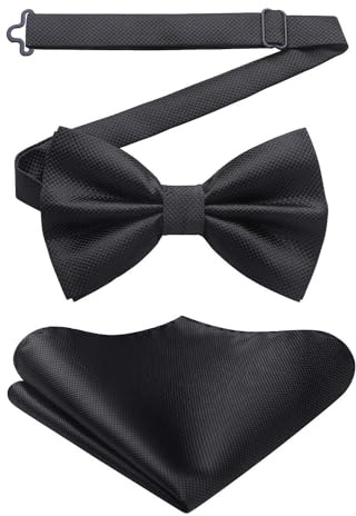 HISDERN Fliege mit Einstecktuch fur Herren Einfarbig Einstellbar Smoking Fliege fur Hochzeit, Party