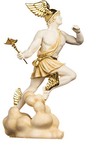 Hermes Merkur Gott Zeus Sohn Römische Statue Alabaster Gold Ton 33 cm