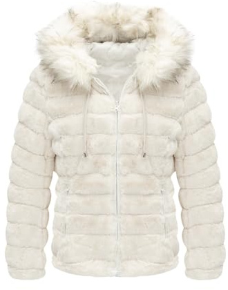 Geschallino Damen Wende jacke Kunstfelljacke Steppmantel Gepolsterter Kurz Wintermantel mit Kapuze 19225 Weiß S