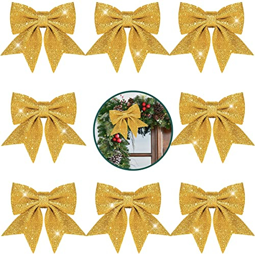 8 st guldglitter, julgransrosetter, 14 cm kransrosetter för julgransdekorationer, julgransrosett med paljettband, skumrosett för julgranskynt, kranstillverkning, krans, presentförpackning