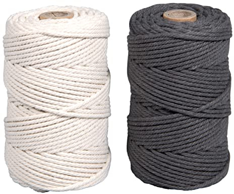 Rayher Makramee Garn, 2,2 mm ø, Set 2 Spulen à 70 m (ca. 200/Spule), 1 Spule crème + 1 Spule grau, Dekokordel, Knüpfgarn, 44000562