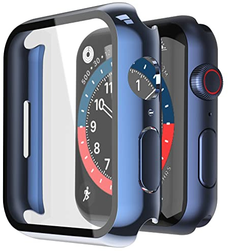 Misxi Schutzhülle mit Displayschutz für 45mm Apple Watch Series 9/8/7 | 2 Stück, Harte PC-Hülle, Gehärtet Displayschutzfolie, Kratzfest & Stoßfest, Ultradünn, 1 Blau + 1 Transparent