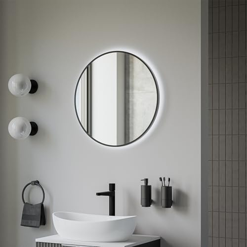 BERNSTEIN® LED Badezimmerspiegel 8232 2.0 rund mit Leichtmetallrahmen in Schwarz Wandmontage, Warm-/Kaltlichteinstellung Wandspiegel mit Licht LED-Badspiegel Bad, Spiegel mit Aluminiumrahmen Ø 60cm