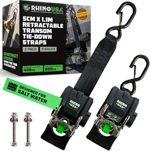 Rhino USA Retractable Boat Trailer Tie Down Straps 2PK – Durable (2in x 43in) Trailer Mount Transom Straps for Boat, Jet Ski – Stainless Steel – Salt Water Compatible