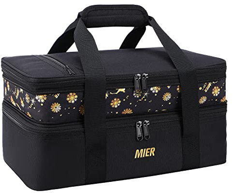 MIER Insulated Double Casserole Carrier Bag for Lasagna Lugger, Potluck Parties, Picnic, Beach, Fits 9 x 13 Inches Baking Dish, Casserole Dish, Expandable, Black