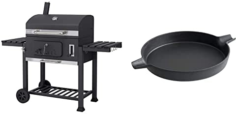 tepro 1165 Holzkohlegrill Grillwagen Toronto XXL, Anthrazit/Edelstahl, Grillfläche: ca. 71,5 x 46 cm & Grillzubehör Guss-Pfanne-Einleger ca. 31,7 Ø, Rost in Rost System rund 57 cm Ø
