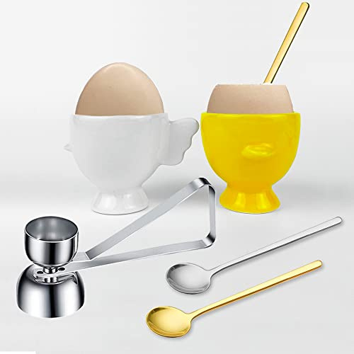 BENEKIY Easter Egg Cups for Soft Boiled Eggs Ceramic Egg Holder 2 Pack Hard Boiled Raw Egg Cup 1 pack Egg Topper Cutter with 2 Pack Stainless Steel Egg Spoons for Decor Breakfast Brunch