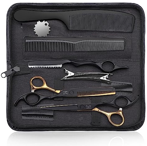 JASON Forbici da Parrucchiere Professionali - Set 10 Pezzi con Forbici da Taglio e Sfoltire - 6,5 Pollici, Oro Nero