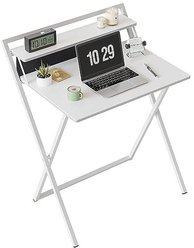 CubiCubi Kleiner klappbarer Schreibtisch, 60 cm klappbarer Computertisch mit Regal und Aufbewahrungstasche, kein Zusammenbau erforderlich, Home Office, Kleiner Arbeitstisch, Weiß.