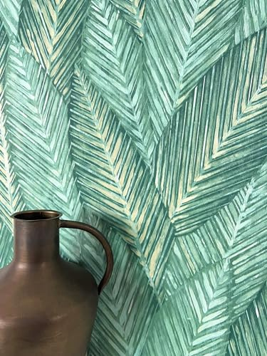 Newroom Vliestapete Mintgrün Dschungel Palmenblätter Tapete Wohnzimmer | mattes Blättermuster in Fischgrätoptik, helle Cremeakzente, Mustertapete Boho skandinavisch, Wandtapete Schlafzimmer Flur