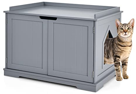 COSTWAY Casetta per Gatti, Lettera per Gatti, Casetta per Animali, Casa per Gatti, Recinto con Foro per Gatti, Cassa per Animali con Struttura in Legno Resistente (Grigio)