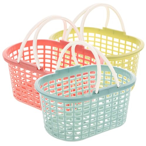 Ciieeo 3 cestas de compras con asas de plástico para comestibles, organizador de almacenamiento para supermercado, suministros de comestibles, rosa, azul y verde