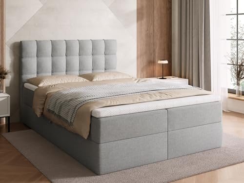 BROMARKT Boxspringbett 140x200cm mit Topper und Bettkasten H3 Hellgrau | Doppelbett für Schlafzimmer mit Bonell Matratze Stauraum und gepolsterte Kopfstütze Bett Bed Einzelbett Federkern DETROIT