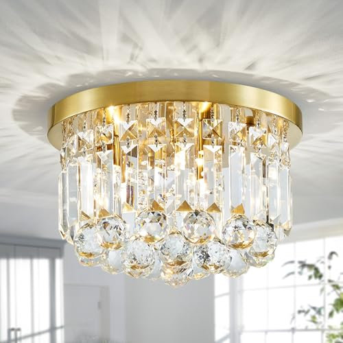 SHRINE LUMINAIRE DE PLAFOND LIGHTING Lustre en cristal, style moderne, plafonnier semi-encastré parfait pour espace de vie, D30 x H24 cm, douille G9*3 ampoules, finition dorée