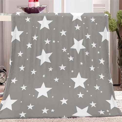 Kuscheldecke Weiche Flauschige Decke XXL 150x200cm, Cartoon-Druck Mit FüNfzackigen Sternen In Weiß Flanell Tagesdecke, Ganzjahresdecke, Leichte Reisedecke - Grau Fleecedecke als Sofadecke