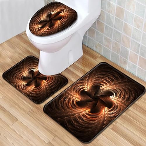 Bad Teppiche Set 3-Teiliges Orange Braun Abstract WC Vorleger Mit Ausschnitt Badematte Saugfähig WC Deckelbezug Badvorleger rutschfest Waschbar Toilettensitzbezug Badgarnitur (45x75cm)
