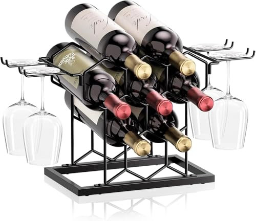 THYGIFTREE Countertop Wine Rack, 8 Bottle Freestanding Modern Black Metal Small, 3 Tier Tabletop Wine Holder Stand for Cabinet, Pantry - Wine Racks Countertop (Black)