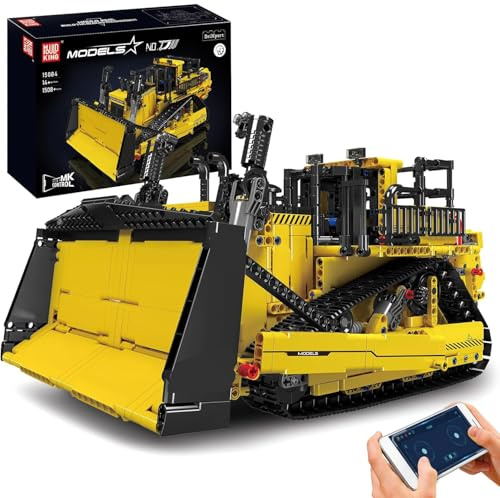 Mould King 15084 Technik Bulldozer Bausteine, App-gesteuerter Raupenbagger, MOC Schwerlastkran Technologie Bauwagen Fahrzeug Klemmbausteine Bausatz (1508 Teile)