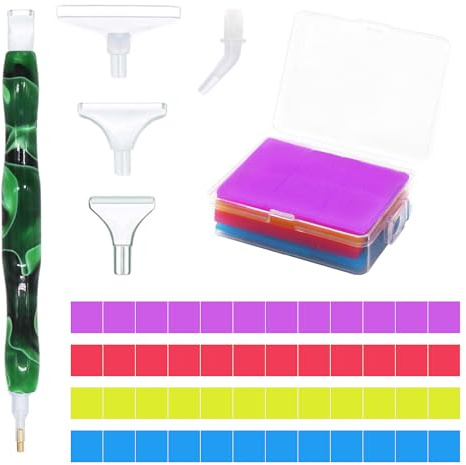 Diamond Painting Pens Accessories, Diamond Painting Glue with Storage Box, 5D Diamond Art Tools Kits with 6 Pcs Multi Size Pen Heads for DIY Crafts Painting Nail Art Cross-Stitch (Green)