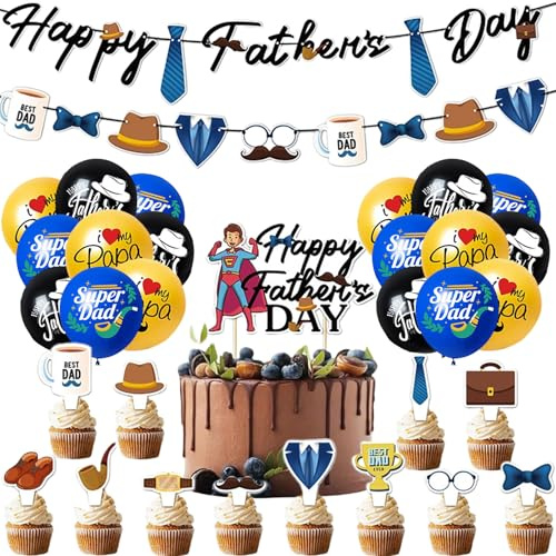 Fathers Day Balloons, Fathers Day Decorations, 32 Pcs Fathers Day Decorations Include Banner Balloons Cake Card, Ideas Banner Sign Decor Photos Background(32 pcs)