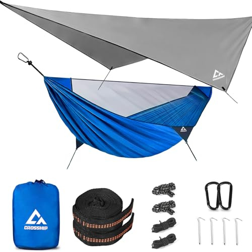 CROSSHIP Camping Hammock Mosquito Net with Rain Fly - Rain Fly Tarp & Hammock Bug Net, Portable Parachute Nylon Hammock for Outdoor, Hiking, Backpacking, Backyard, Beach, Travel (Hold Up to 500lbs)
