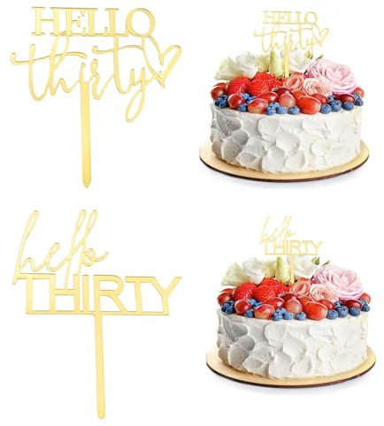 2PCS Hello Thirty Cake Toppers, 30th Birthday Cupcake Topper Gold Acrylic Cake Decorations Party Supplies for Anniversary Birthday