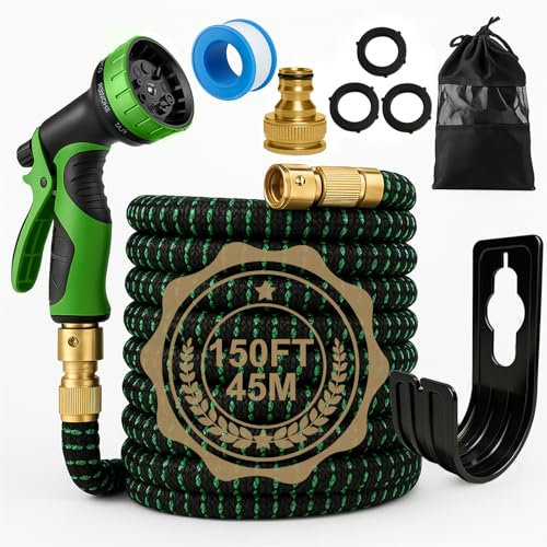 Flexibler Gartenschlauch 45M – Dehnbarer Wasserschlauch mit 10 Sprühfunktionen, Inkl. 1/2 & 3/4 Anschlussadapter – Robustes, Leckdichtes Design für Garten, Autowäsche & Pflanzenbewässerung
