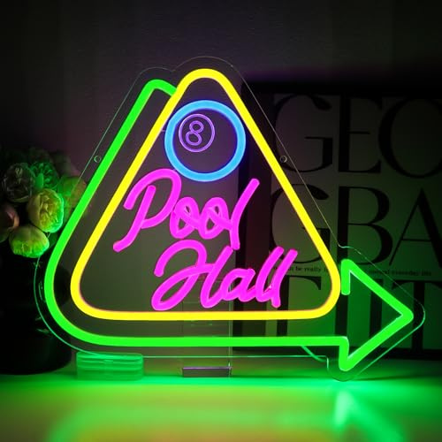 PMCVYH Pool Hall Neon Sign for Wall Decor, Billiards Led Signs for Business, USB Dimmable 15.3 x 12.6 Neon Lights for Game Room Billiards Hall Garage Bar Club Man Cave Arcade Wall Art
