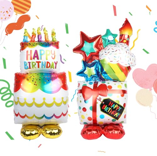 2PCS Happy Birthday Foil Balloon Large Birthday Cake Balloon, Freestanding Standing birthday Balloons Self Inflating Party Balloons for Party Decoration
