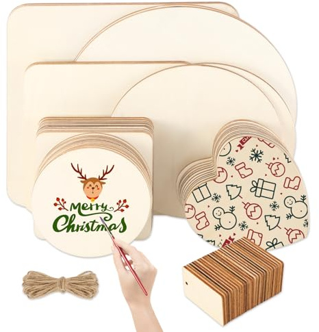 65 Stück Unbehandeltes Holzplatte zum Basteln, Weihnachten Dekoration Holzscheiben Rohlinge, Unlackierte Holzscheiben für DIY Handwerk Malerei Pyrografie